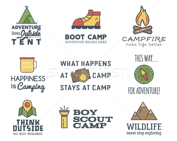 Camping logo-ontwerp ingesteld typografie reizen communie Stockfoto © JeksonGraphics