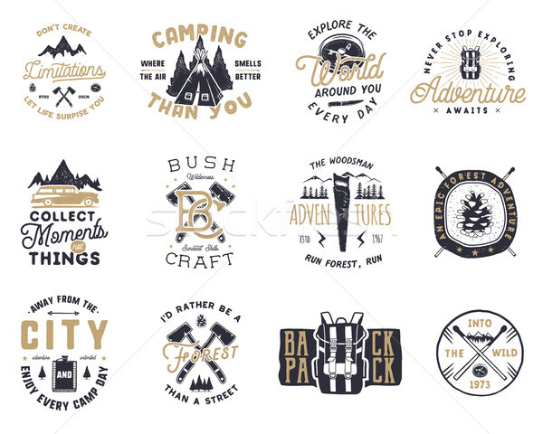 Vintage hand drawn travel badge and emblem set. Hiking labels. Outdoor adventure inspirational logos Stock photo © JeksonGraphics