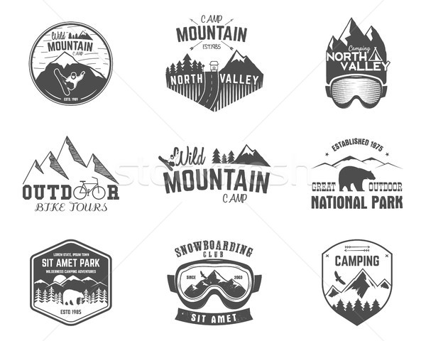 Stock photo: Summer and winter mountain explorer camp badge, logo  label templates set. Travel, hiking, climbing 