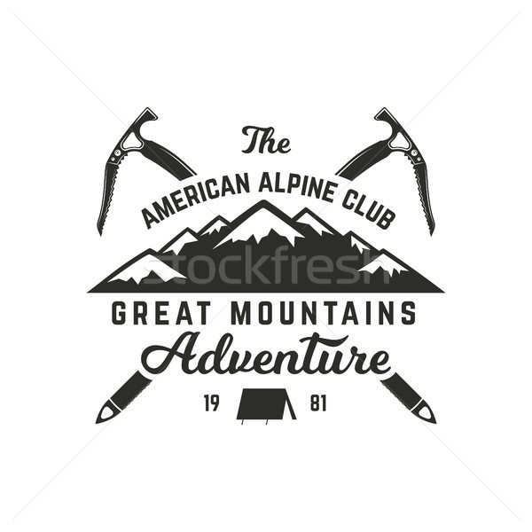 Vintage hand crafted label. Mountain expedition, outdoor adventure badge with climbing symbols and t Stock photo © JeksonGraphics