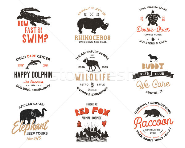 Stock photo: Wild animal Badges set and great outdoors activity insignias. Retro illustration of animal badges. T