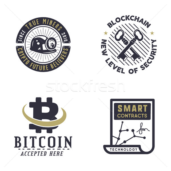 Blockchain, bitcoin, crypto currencies emblems and concepts. Digital assets logos. Vintage hand draw Stock photo © JeksonGraphics