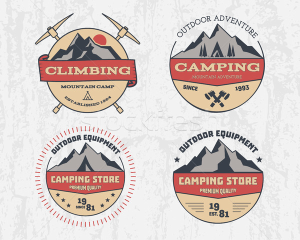 Set of retro color outdoor camping adventure and mountain, climbing, hiking badge logo, emblem, labe Stock photo © JeksonGraphics