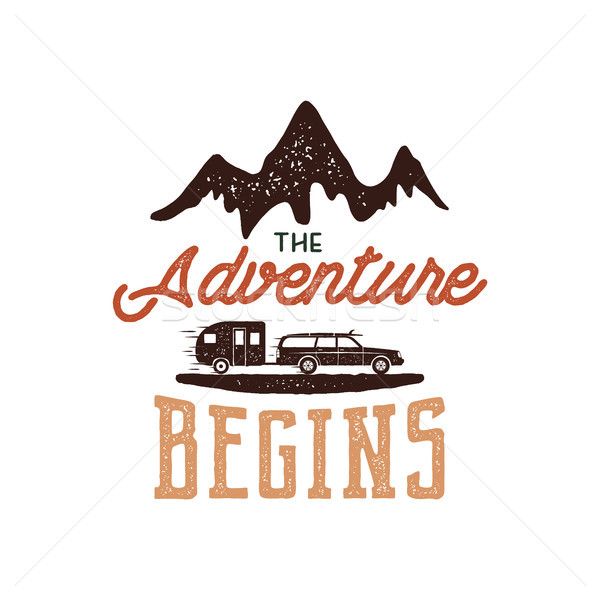 Vintage adventure Hand drawn label design. The Adventure Begins sign and outdoor activity symbols -  Stock photo © JeksonGraphics