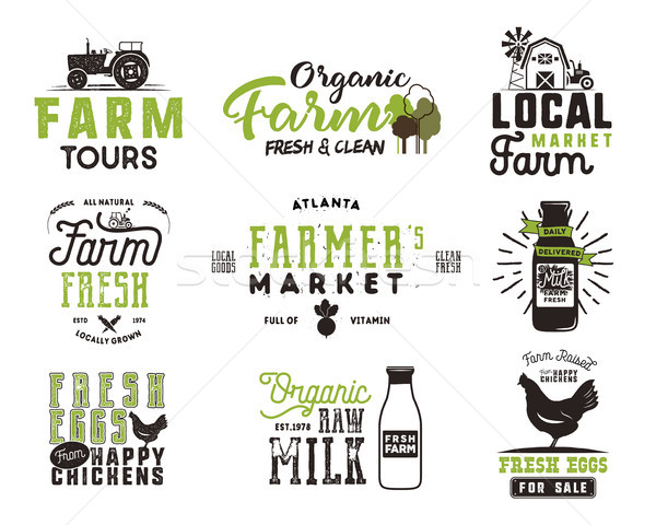 Farmer s Market, organic food, milk and eggs badges set. Fresh and Local product logo designs. Typog Stock photo © JeksonGraphics