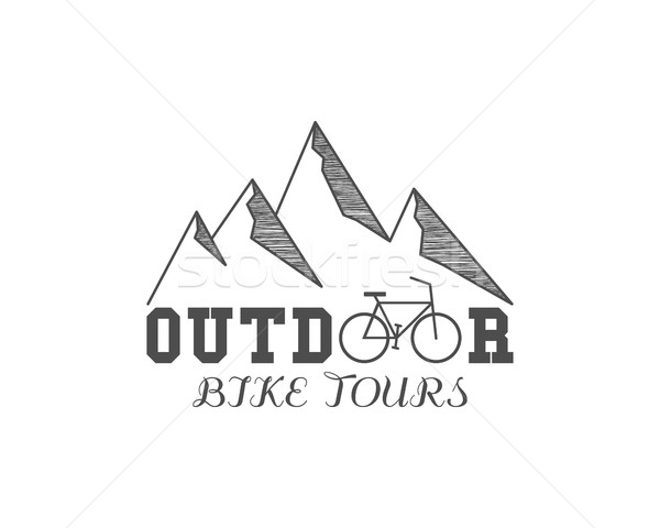 Vintage outdoor bike tours badge, outdoors logo, emblem and label. Mountain camp concept, monochrome Stock photo © JeksonGraphics