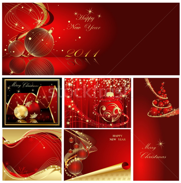 Foto stock: Alegre · Navidad · feliz · año · nuevo · colección · oro · rojo