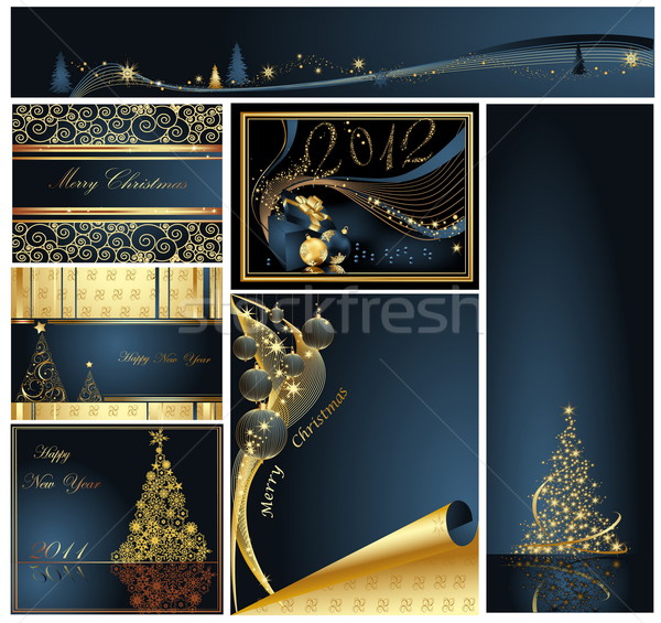 ストックフォト: 陽気な · クリスマス · 明けましておめでとうございます · コレクション · 金 · 青
