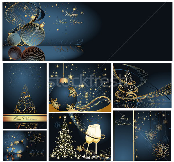 Foto stock: Alegre · Navidad · feliz · año · nuevo · colección · oro · azul