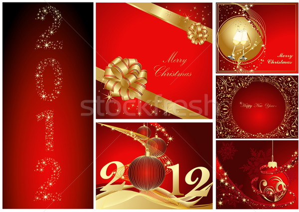 ストックフォト: 陽気な · クリスマス · 明けましておめでとうございます · コレクション · 金 · 赤