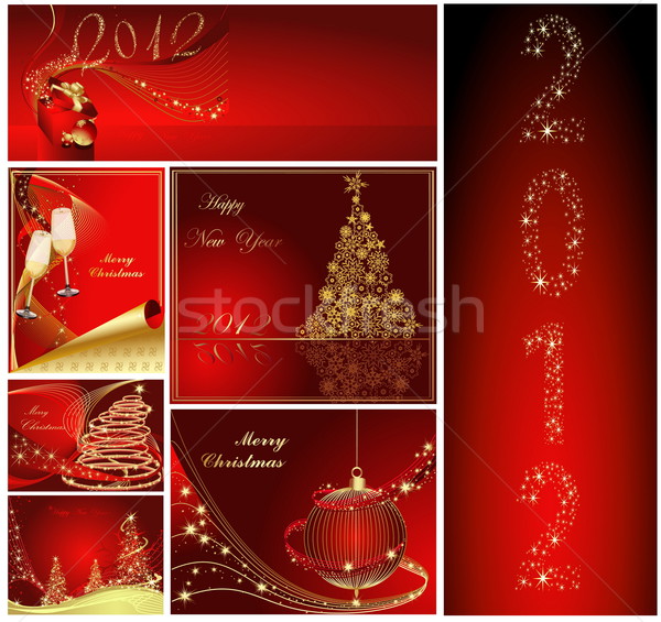 Foto stock: Alegre · natal · feliz · ano · novo · coleção · ouro · vermelho