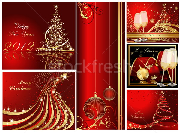 Stock foto: Heiter · Weihnachten · glückliches · neues · Jahr · Sammlung · Gold · rot