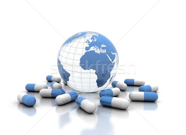 Gyógyszer tabletták világ földgömb izolált fehér Stock fotó © jezper