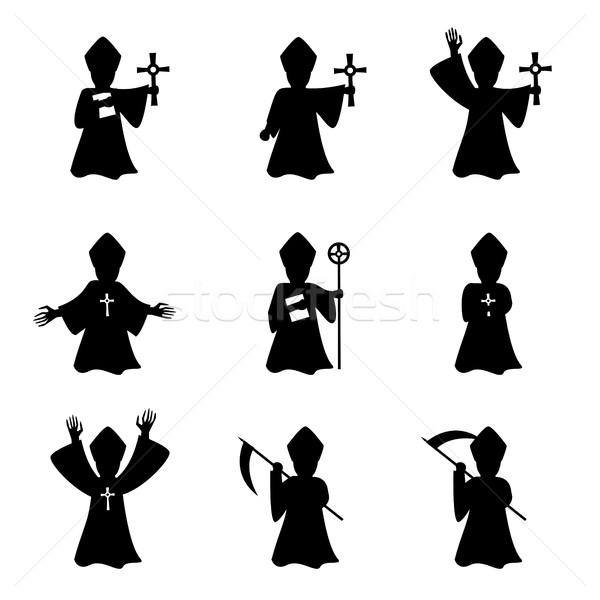 Set of bishop with book and cross in silhouette Stock photo © jiaking1