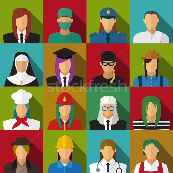 stock photo: set of 16 woman job icons in flat with long shadow