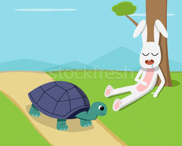 Rabbit sleep under tree while tortoise run on road Stock photo © jiaking1