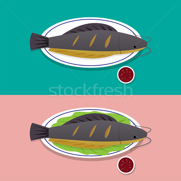Herb grilled catfish on white plate, Thai food Stock photo © jiaking1