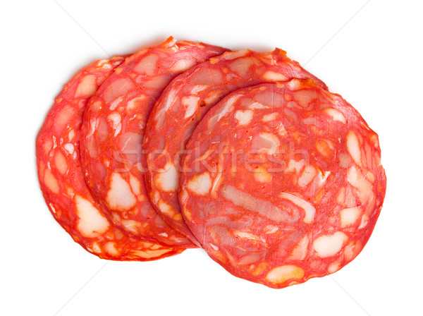 Geschnitten Chorizo Salami top Ansicht weiß Stock foto © jirkaejc