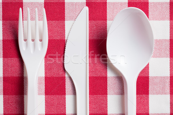 [[stock_photo]]: Plastique · coutellerie · à · carreaux · nappe · alimentaire · dîner