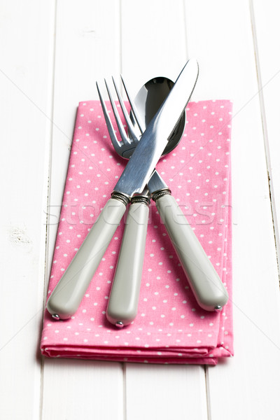 çatal bıçak takımı peçete ahşap masa restoran tablo çatal Stok fotoğraf © jirkaejc
