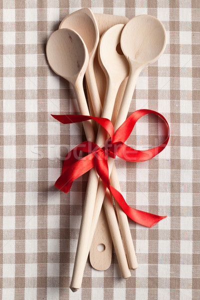 Fából készült konyhai eszköz kockás szalvéta konyha szerszám Stock fotó © jirkaejc