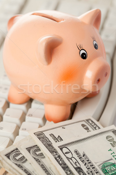 Foto stock: Alcancía · americano · moneda · ordenador · teclado · financiar