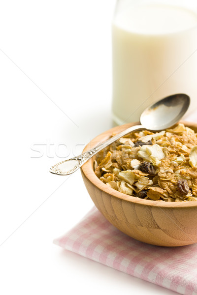 Stock foto: Knackig · Müsli · Schüssel · Holz · weiß · Milch