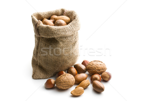 Stock photo: Various nuts in jute bag