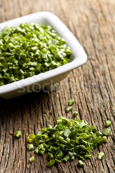 Foto stock: Cebollino · edad · mesa · de · madera · primavera · salud · fondo