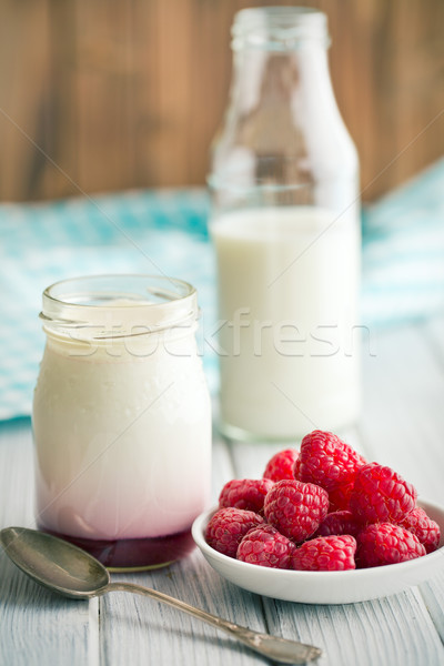 Yogourt jar vieux table en bois alimentaire [[stock_photo]] © jirkaejc