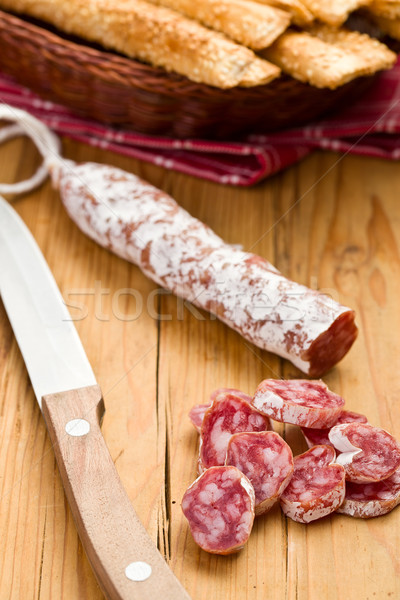 Biały salami kiełbasa stół kuchenny krowy wieprzowych Zdjęcia stock © jirkaejc