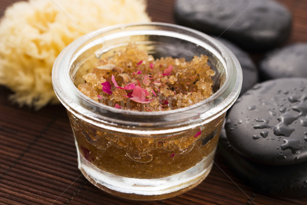 Homemade body peeling with sugar, olive oil and rose petal Stock photo © joannawnuk