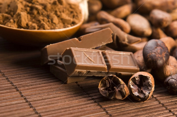 Stock photo: Cocoa (cacao) beans with chocolate