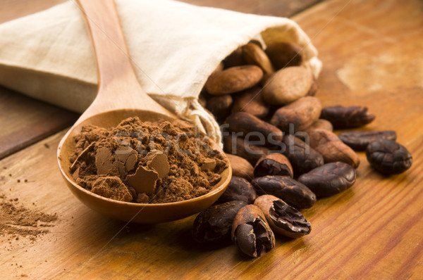 Foto stock: Cacau · feijões · naturalismo · mesa · de · madeira · chocolate · planta