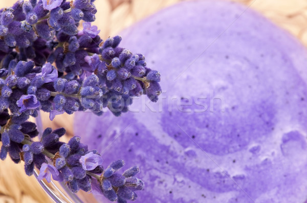 Lavender flowers and jar of glass with peeling Stock photo © joannawnuk