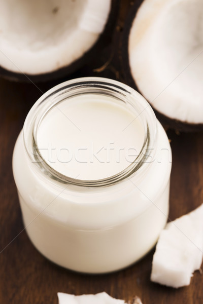 ココナッツミルク ガラス 暗い 木製 手のひら スペース ストックフォト © joannawnuk