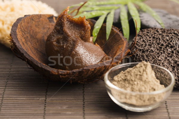 Homemade body peeling with sugar, olive oil and face mask Stock photo © joannawnuk