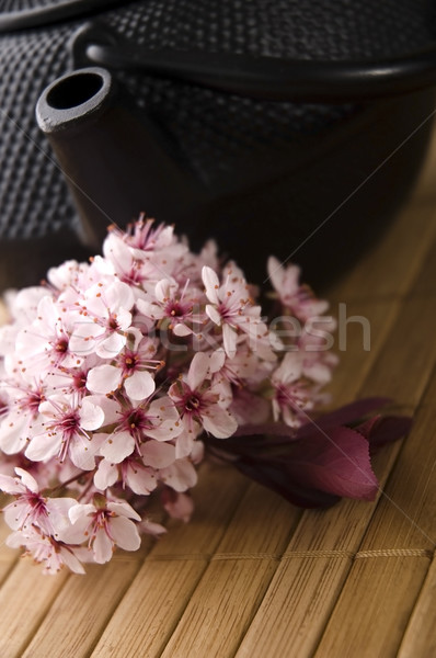 Edény tea teáskanna friss virágok bambusz Stock fotó © joannawnuk