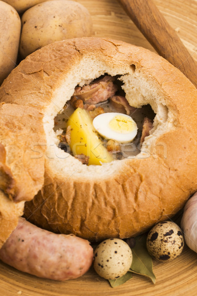 traditional white borscht (zurek) with sausage,egg and mushrooms Stock photo © joannawnuk