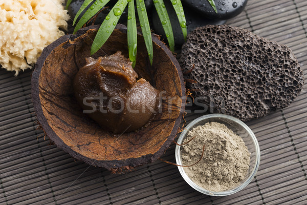 Homemade body peeling with sugar, olive oil and face mask Stock photo © joannawnuk