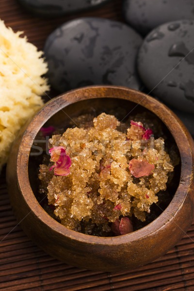 Homemade body peeling with sugar, olive oil and rose petal Stock photo © joannawnuk