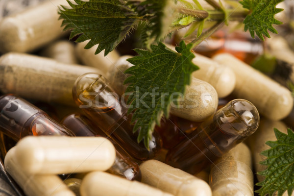 Pillen Kräuter Makro medizinischen Hintergrund Drogen Stock foto © joannawnuk