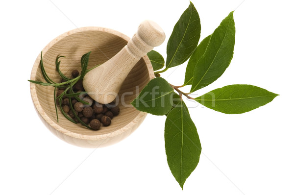 Mortar with fresh herbs and allspice berries Stock photo © joannawnuk