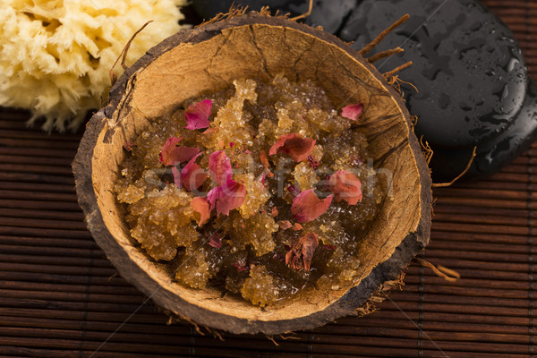 Homemade body peeling with sugar, olive oil and rose petal Stock photo © joannawnuk