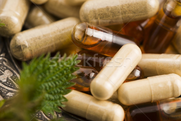 Pílulas ervas macro médico fundo drogas Foto stock © joannawnuk