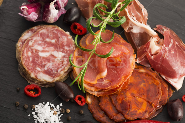 a pile of different spanish embutido, jamon, chorizo and lomo em Stock photo © joannawnuk