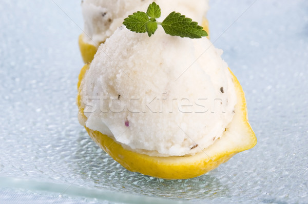 Foto stock: Limão · sorbet · lavanda · folha · frio