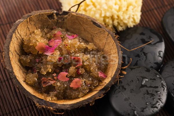 Homemade body peeling with sugar, olive oil and rose petal Stock photo © joannawnuk