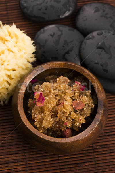 Homemade body peeling with sugar, olive oil and rose petal Stock photo © joannawnuk