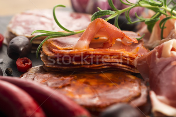 Unterschiedlich spanisch Chorizo rot Platte Stock foto © joannawnuk